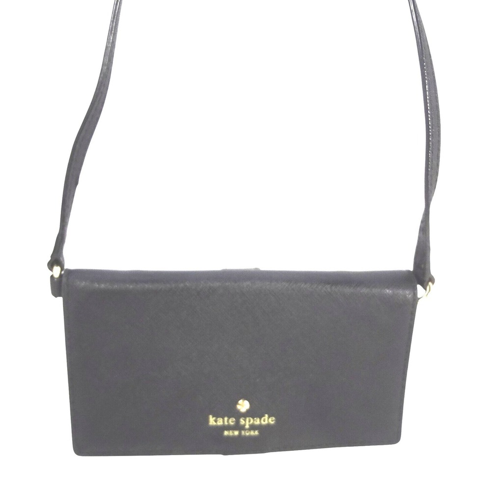 Kate Spade Black Saffiano Leather Crossbody Wallet Bag with Mirror Gold‎ Logo